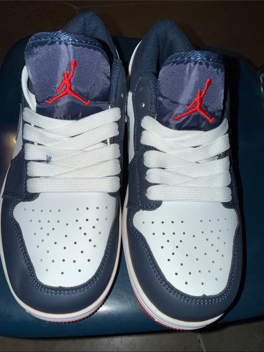 Jordan Low Top Sneakers - White / Navy with Red Logo